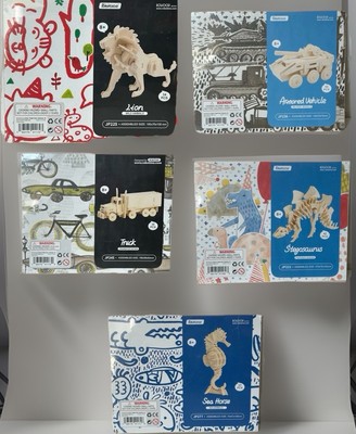 Robotime Rowood (5) 3-D Puzzles-Lion, Truck, Armored Car, Stegosaurus, Sea Horse