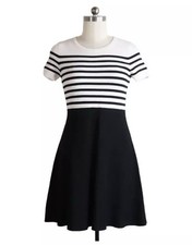 Talbots Petites Striped Bodice Fit And Flare Black And White Dress Medium