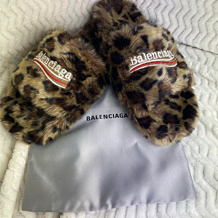 Balenciaga Furry Slide Men’s Leopard Faux Fur Slip-On Slippers Open Toe US 9