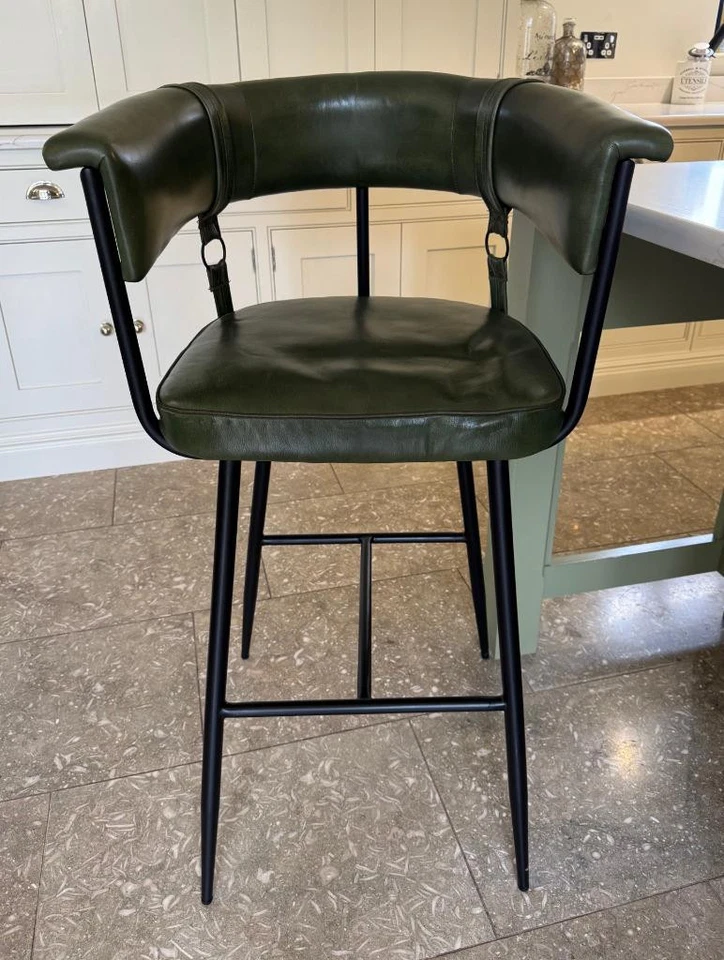 Leather Breakfast Bar Kitchen Counter Stool - Vintage Green Colour - Metal Legs - Image 4 of 4