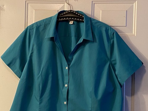 L.L. Bean Wrinkle Free Sz 3X Women's Blouse Shirt Short Sleeve Teal 100% Cotton - Picture 2 of 11