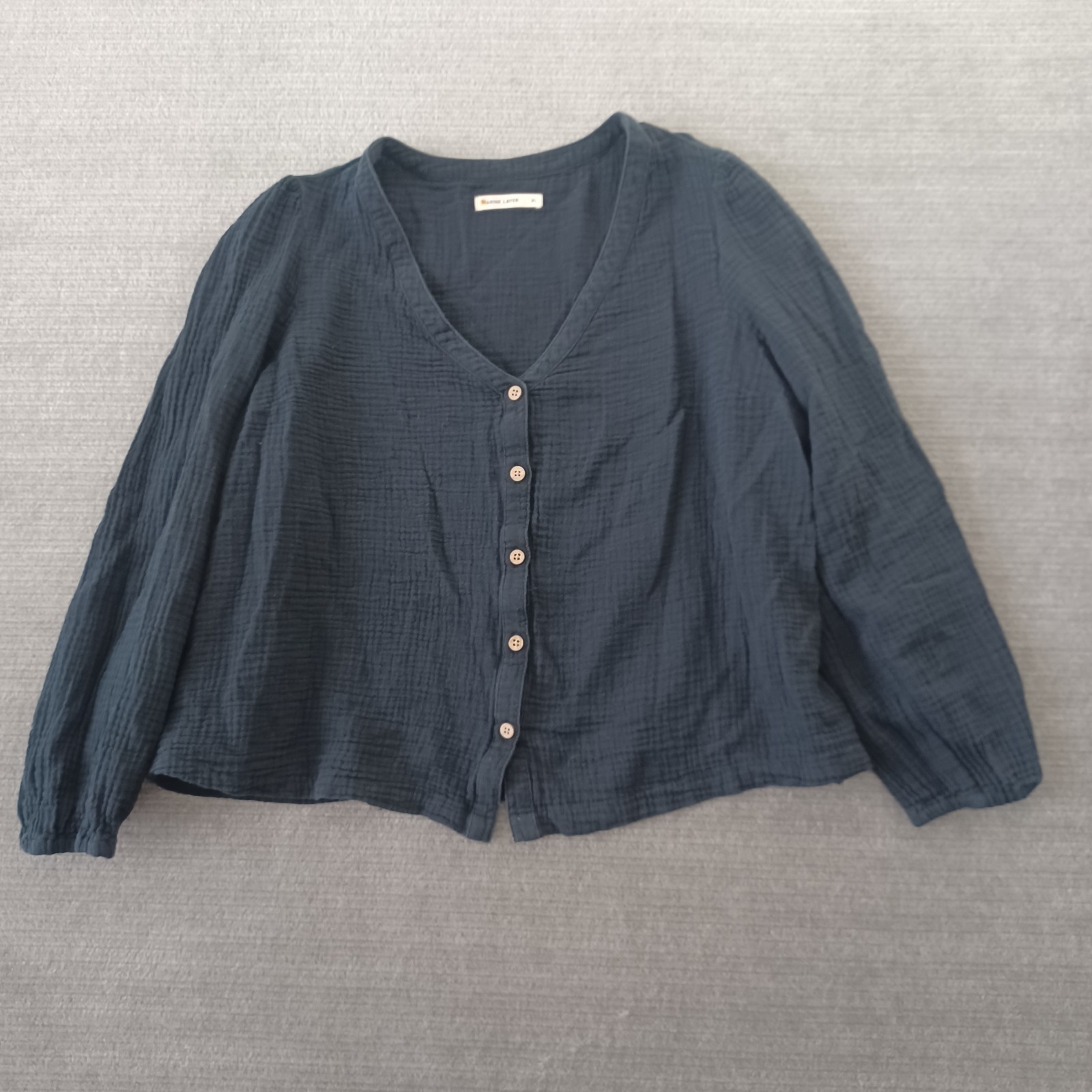 Marine Layer Crinkle Cotton V-Neck Button Front Blouse Womens XL Blue Gauze