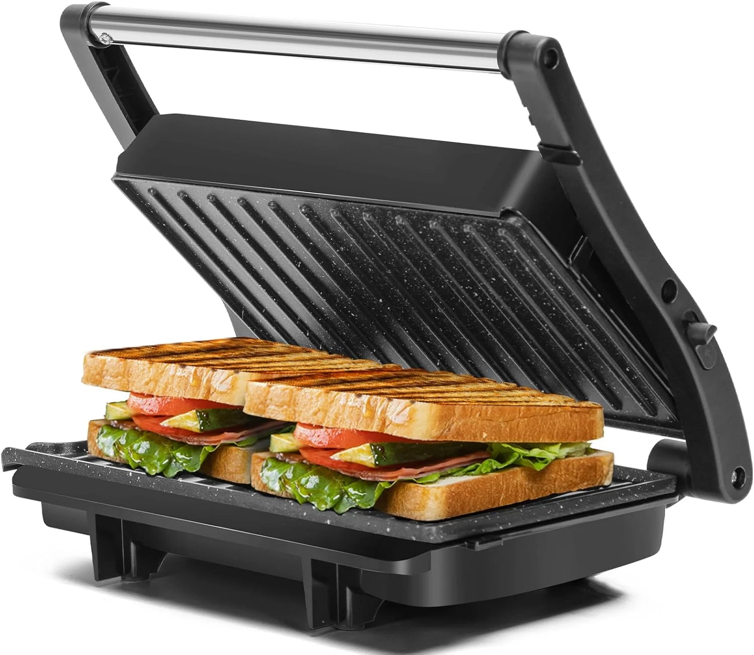 Panini Press Grill, 1000W Sandwich Maker with Ceramic Non-Stick Plates, Opens 1