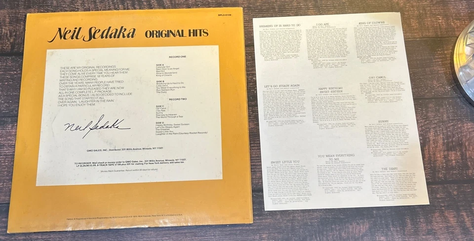 Neil Sedaka Original Hits Vinyl LP 2 Record Album From 1975 with Lyric Sheet Foto 2 de 4