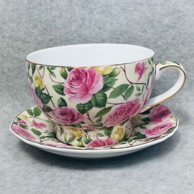 A Special Place Rose Cup and Saucer All Over Print Gold Trim Brim Handle 2003