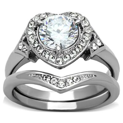 Silver Engagement ring set wedding band simulated diamonds stainless steel