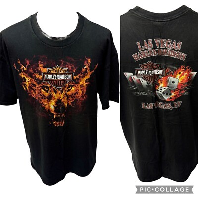 Harley Davidson Motorcycle FLAMING WOLF Biker LAS VEGAS Gambler FIRE DICE Shirt