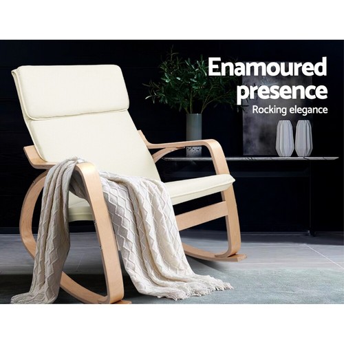 Artiss Rocking Armchair Nursing Lounge Bentwood Recliner Wooden Fabric Beige - Picture 5 of 11