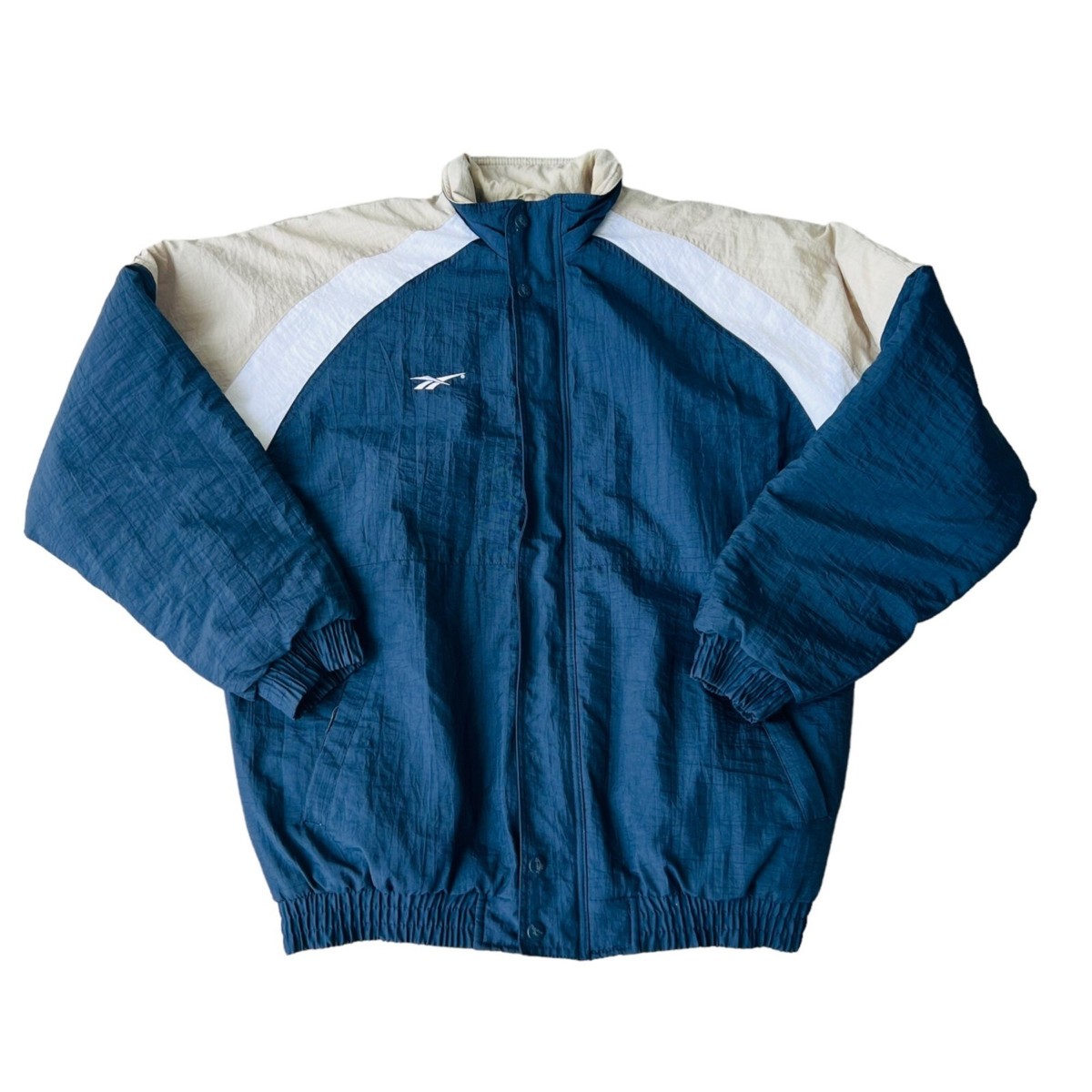Vintage 90s Reebok Puffer Jacket Navy Blue / Tan / White Men's