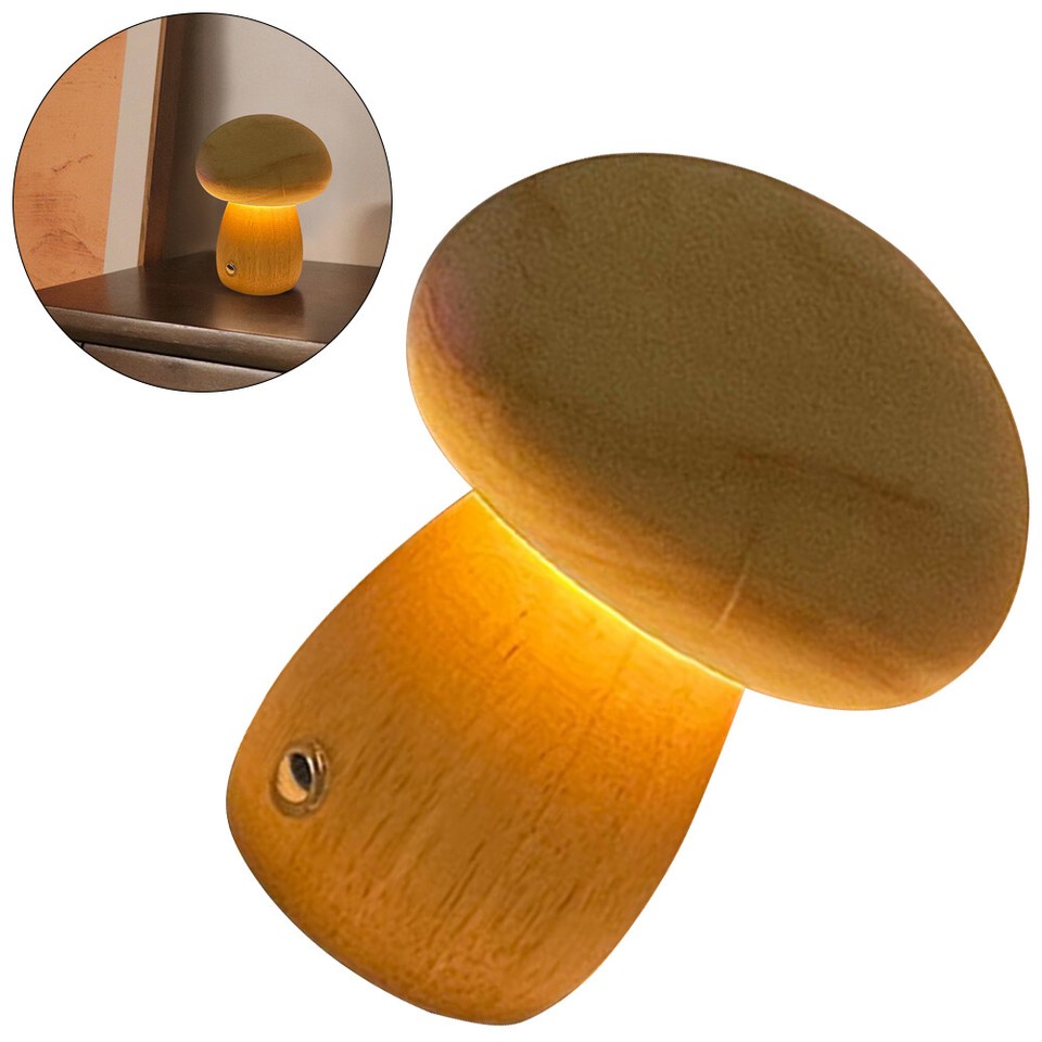 Cute Mushroom Night Light Wooden Cute Bedside Table Lamp Dimmable for