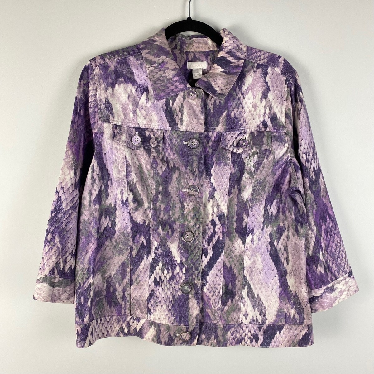 Chicos Atalia Purple Metallic Snake Print Jean Jacket 2 US