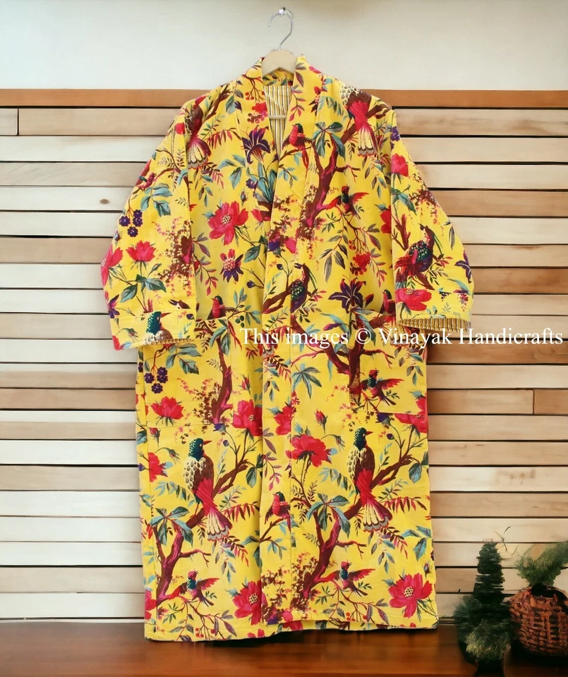 Abrigo Chaqueta Lujosa Terciopelo Flecos Kimono Amarillo Pájaro Estampado Kimono Chaqueta Larga Foto 3 de 4