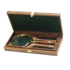 9-1/4" Brass and Wood Magnifier Glass with Storage Case- Antique Reproduction