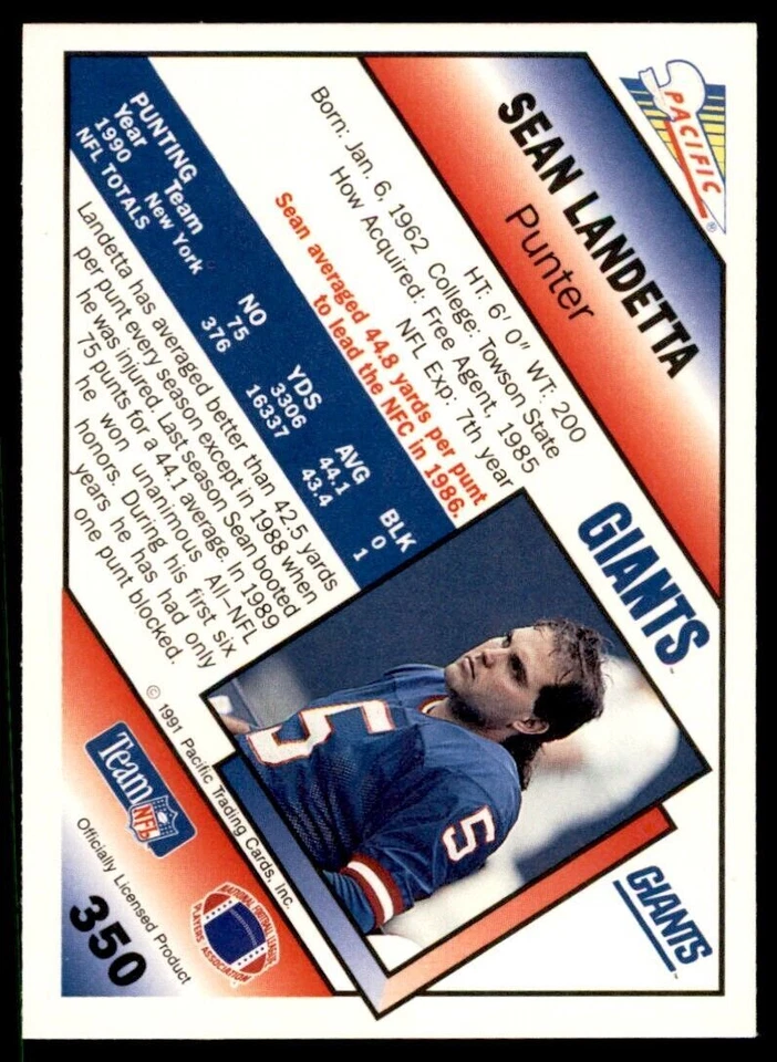 1991 Pacific. Sean Landeta . New York Giants #350 - Image 2 of 2