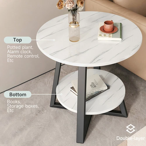2-Tier Metal Frame Round Tables White Marble Top Coffee Side Table Storage Shelf - Picture 5 of 9
