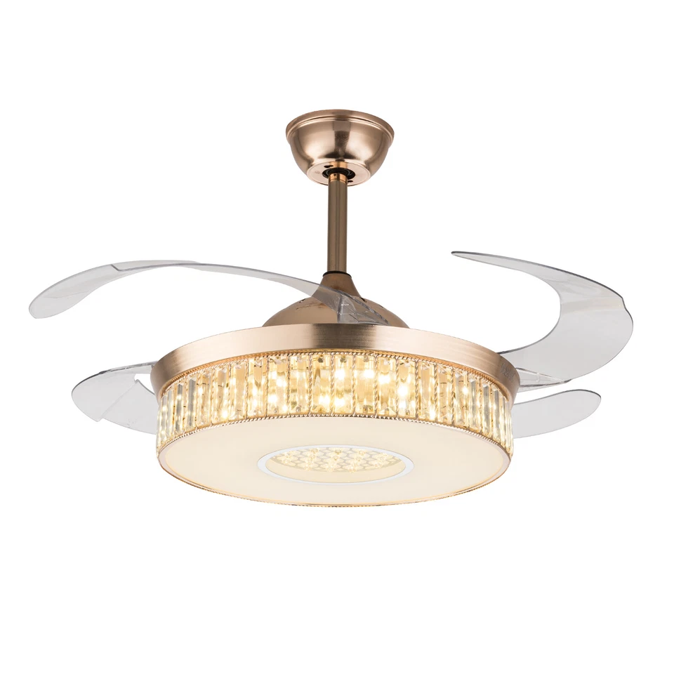 42'' Retractable Ceiling Fan Light Lamp Dimmable LED Crystal Chandelier W/Remote - Image 2 of 4