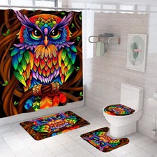 Colorful Owl Waterproof Shower Curtain Set Non-Slip Bath Mat Toilet Lid Cover