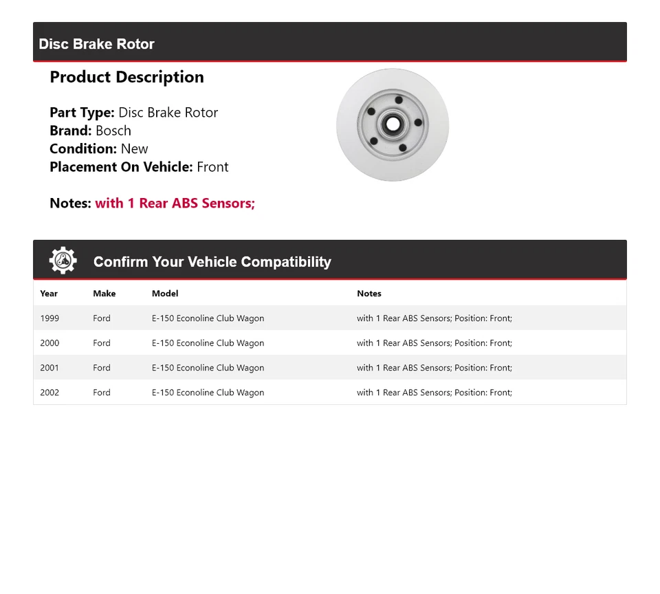 Rotor de freno de disco delantero 2000 para Ford E-150 Econoline Club Wagon Bosch 1999-2002 Foto 2 de 4