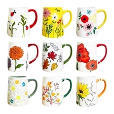 Seasonal Flower Leaf Coffee Mug 16 oz Lang Hand Painted Colorful Embossed