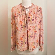 Ophelia Roe Blush Pink Floral Smocked Front Tie Up Long Sleeve Lined Top Size M