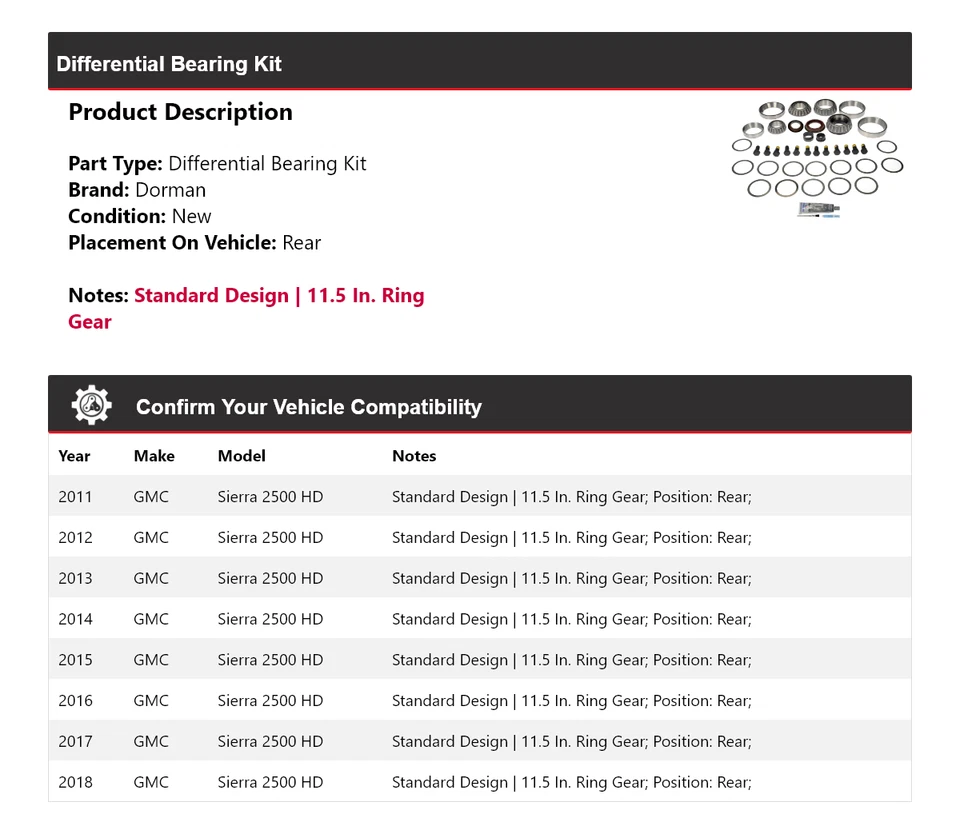 Kit de cojinete diferencial trasero Dorman 2012 2013 para GMC Sierra 2500 HD 2011-2018 Foto 2 de 4