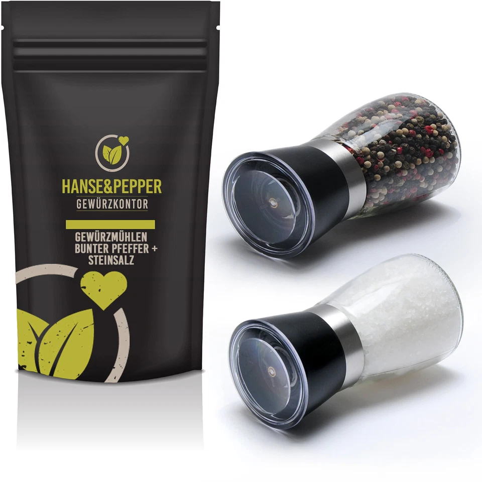 Gewürzmühlen Set 2er Pack gefüllt mit 90g Bunter Pfeffer und 210g Steinsalz - Bild 2 von 3