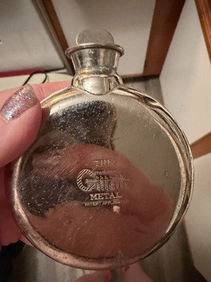 Vintage Round Silver Metal Hip Flask w/ Cap, Marked  THE ... METAL 
