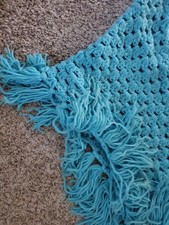 vintage hand crochet shawl with fringe ocean blue color