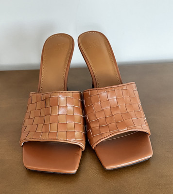 Marc Fisher Dara Basket Weave Caramel Brown Leather Mule Heeled Sandals Sz 9.5