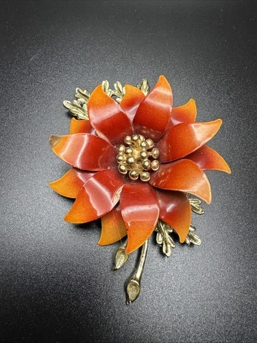 Vintage Signed Coro Brooch Floral Red Enamel Gold Orange Pin Costume Jewelry