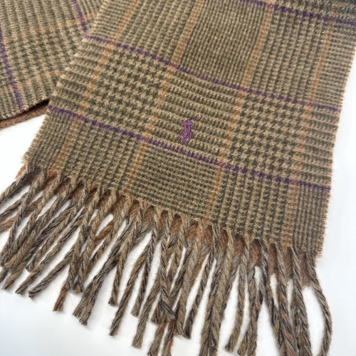 Polo Ralph Lauren Wool Scarf Brown Plaid Fringe Made in Italy