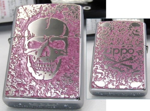 Skull Crossbone Double Sided Pink Silver Zippo Oil Lighter 2024 MIB