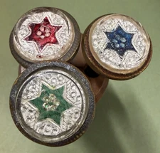 3 BLUE RED GREEN  STAR Sulphide Thread Antique Victorian Picture Hanging Nails