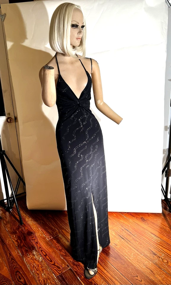 VTG 1990s Halter Wishes Wishes Wishes Maxi W Sz M Black Twisted Bodice SLV Swirl - Image 2 of 4