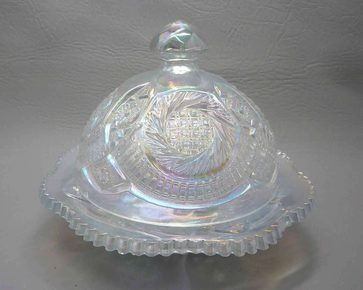 Carnival Glass Dome Butter Dish Aztec Sunburst Pinwheel Hobstar Pattern