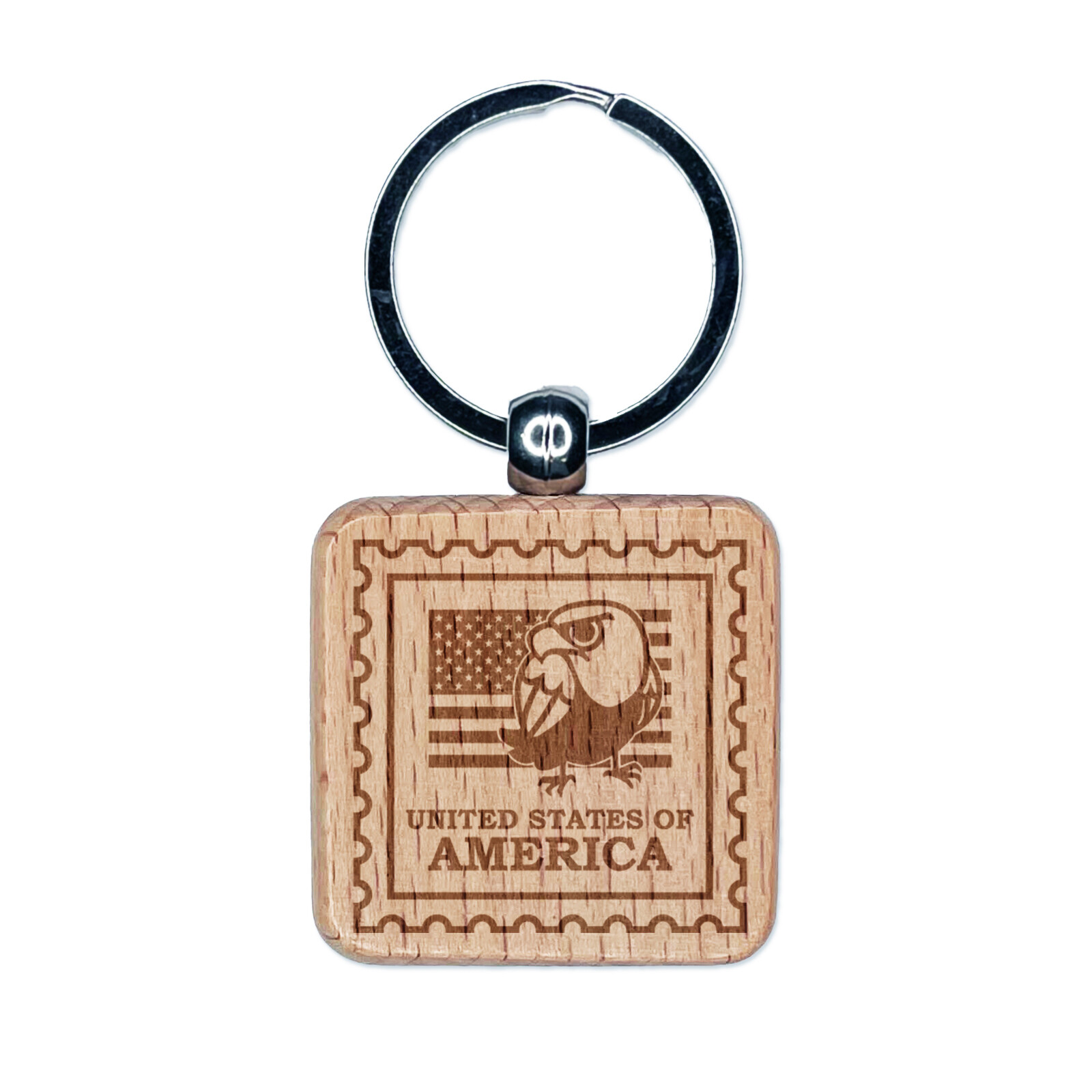 United States of America Travel Bald Eagle US Flag Engraved Wood Square Keychain