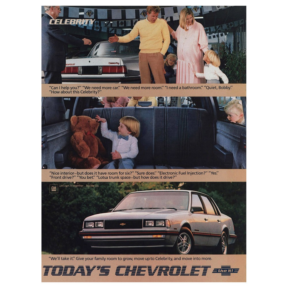1986 Chevrolet Celebrity: Can I Help You We Need More Car Vintage Print Ad