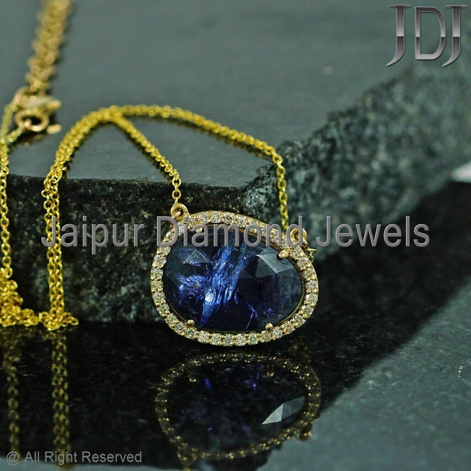 Tanzanita Natural Piedra Diamante Blanco 14K Oro Amarillo Cadena Joyería - Imagen 2 de 4