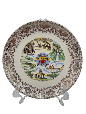 Vintage Oregon Souvenir Ceramic Plate With Gold Filigree Border & Scenic Landmar