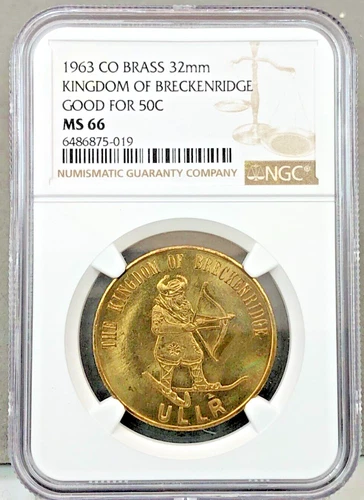 1963 CO BRASS ~ KINGDOM OF BRECKENRIDGE ~ GOOD FOR 50C Trade Token NGC MS66