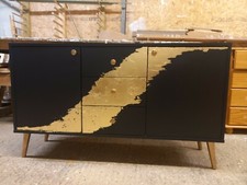 Midcentury Sideboard TV Unit. Black and Gold Leaf Painted Upcycled Furniture....