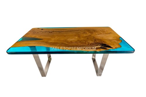 Blue Epoxy Resin Dining Table, Handmade Furniture, Kitchen Slab Table Home Decor - Picture 2 of 10
