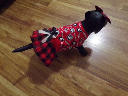 dog cheer dress, Georgia Bulldogs, plaid trim&red fringe, XS*(read size details) - Picture 1 of 5