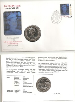 Isle of Man - 1 Crown 1989 UNC comm. - 5 Pound Definitive Hologram in an envelop
