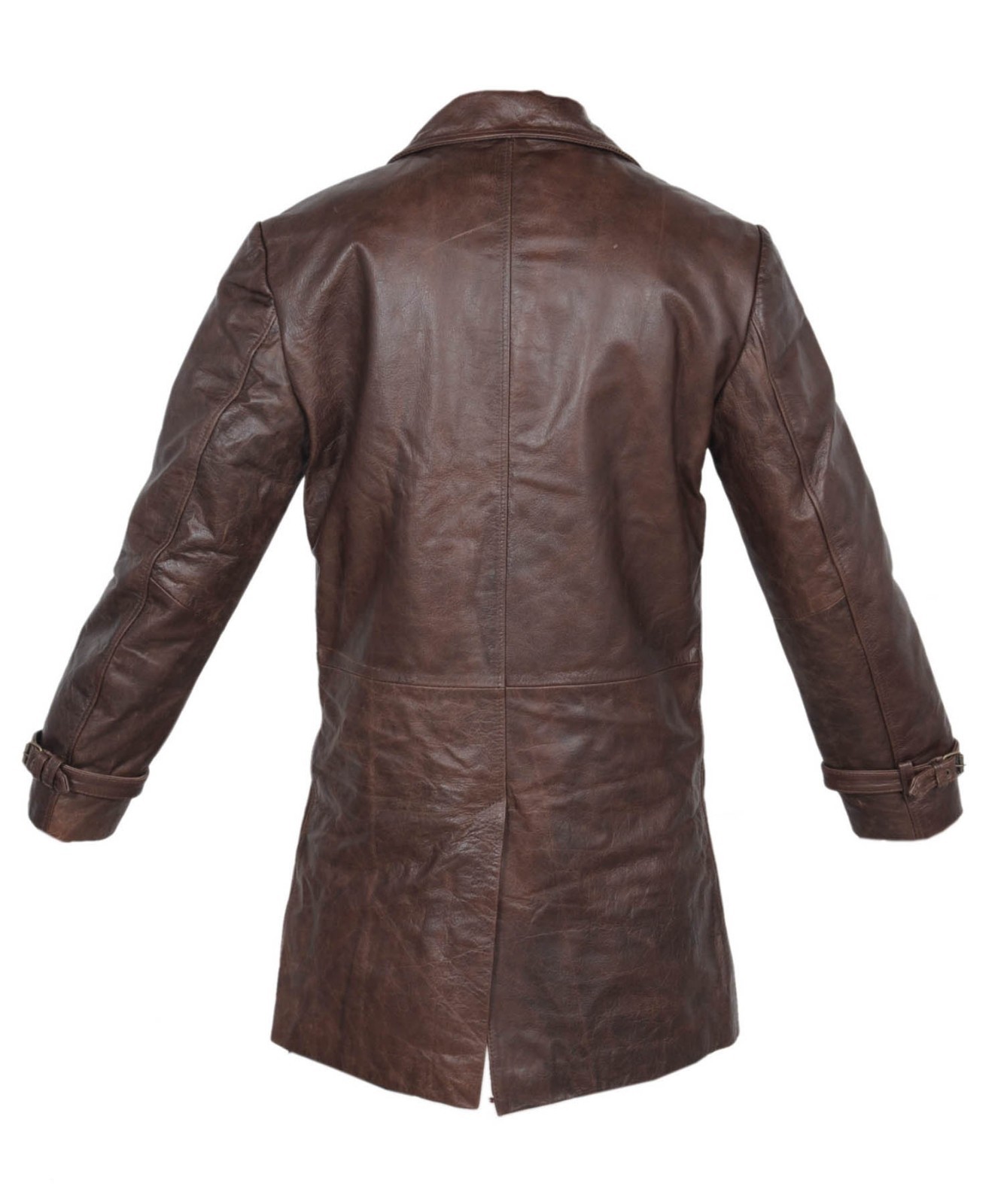VINTAGE MEN BROWN DISTRESSED COW HIDE LEATHER KNEE LENGTH COAT JACKET UK image 2