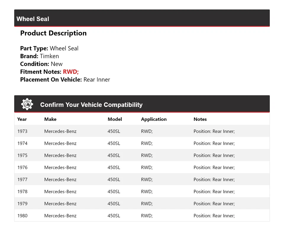For 1973-1980 Mercedes-Benz 450SL RWD Wheel Seal Rear Inner Timken 1974 1975 - Image 2 of 4