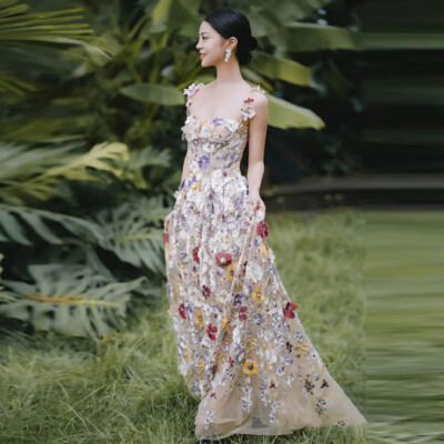 French Flower Evening Dress Womens New Strap Long Bridal Banquet Suspender Dress | eBay French Flower Evening Dress Womens New Strap Long Bridal Banquet Suspender Dress | eBay