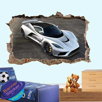 WEISS SCHNELL SPORTWAGEN GIFT 3D ZERSCHLAGEN WANDAUFKLEBER ZIMMER DEKOR AUFKLEBER WANDBILD ZH1