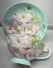 Teal Pink Roses Floral Footed Cup And Saucer Set Stechcol Bone China  New