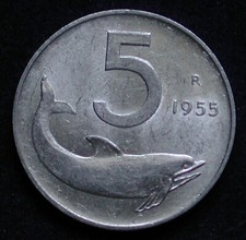 MONETA COIN MONNAIE REPUBBLICA ITALIANA 5 LIRE DELFINO ANNO 1955 LEGA ITALMA #2#